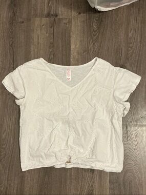 Justice White Eyelet V-Neck Knot-Front Top